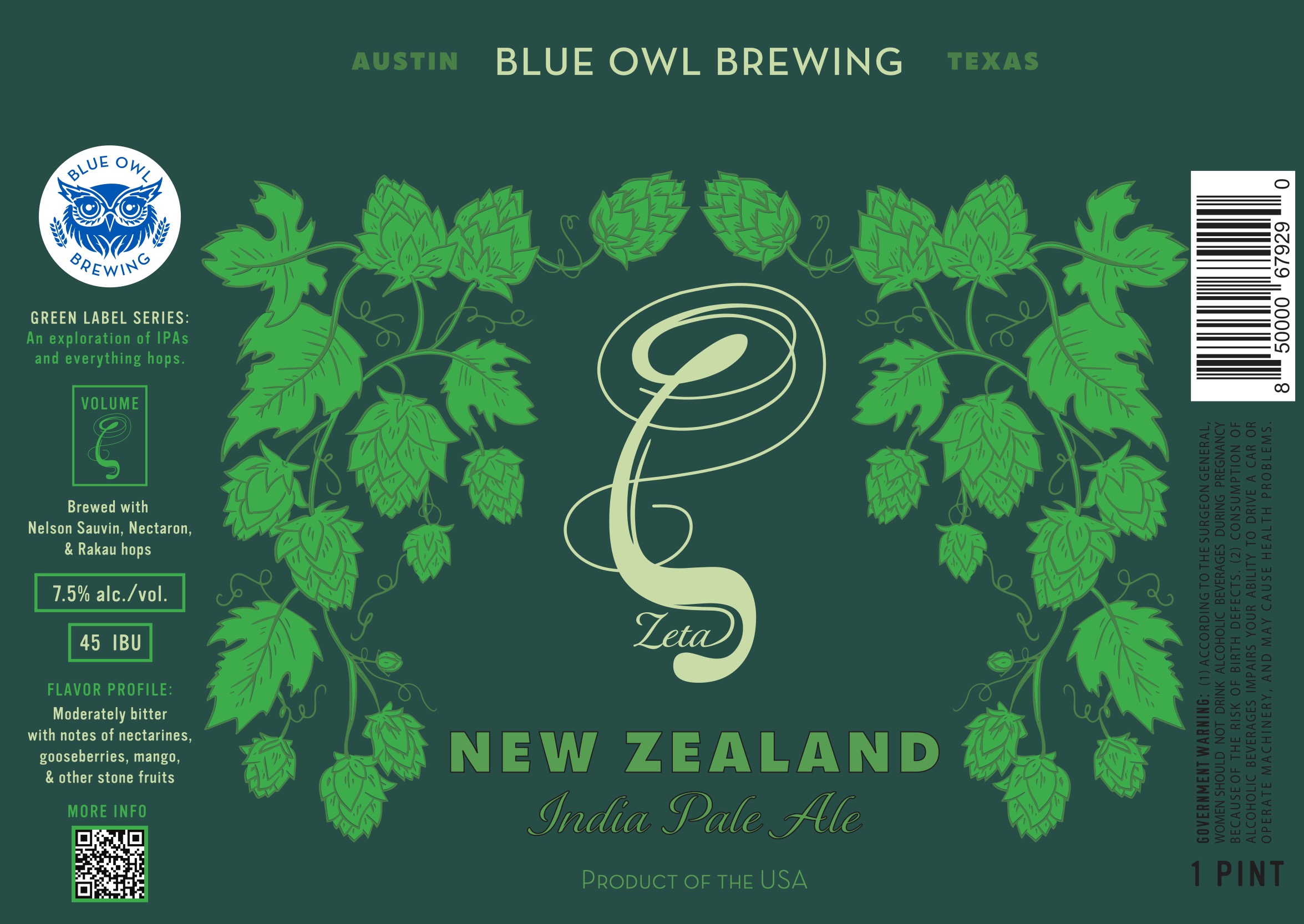 TABC label artwork for BLUE OWL BREWING GREEN LABEL SERIES ZETA CAN