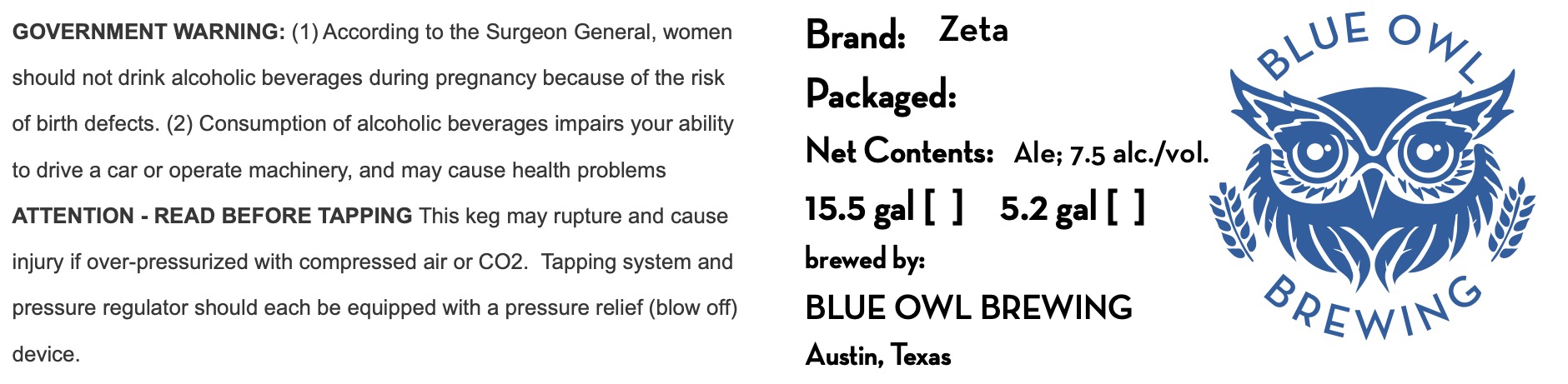 TABC label artwork for BLUE OWL BREWING GREEN LABEL SERIES ZETA KEG