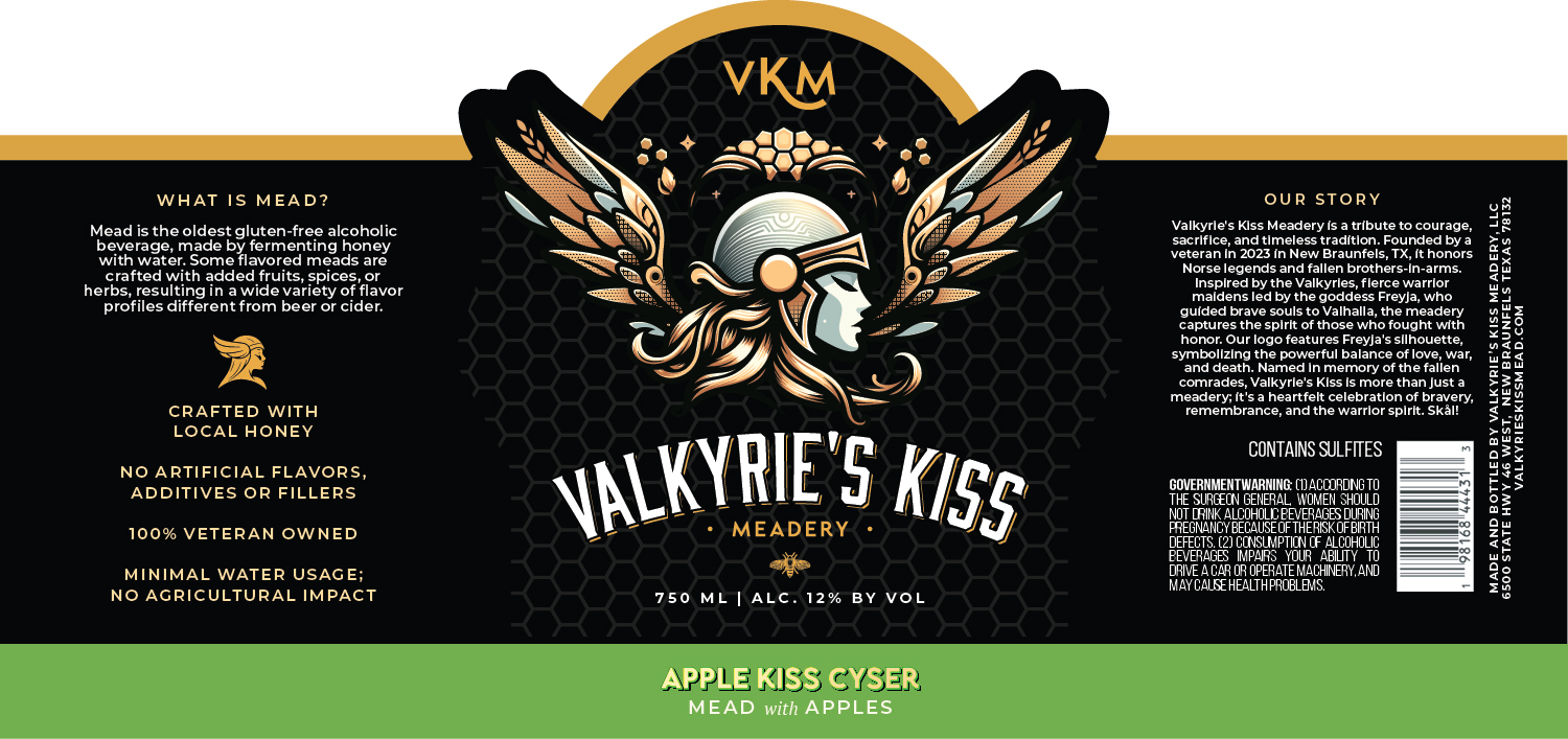 TABC label artwork for Valkyrie's Kiss Meadery Apple Kiss Cyser