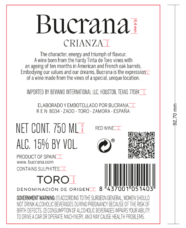 TABC label artwork for BUCRANA CRIANZA TINTA DE TORO