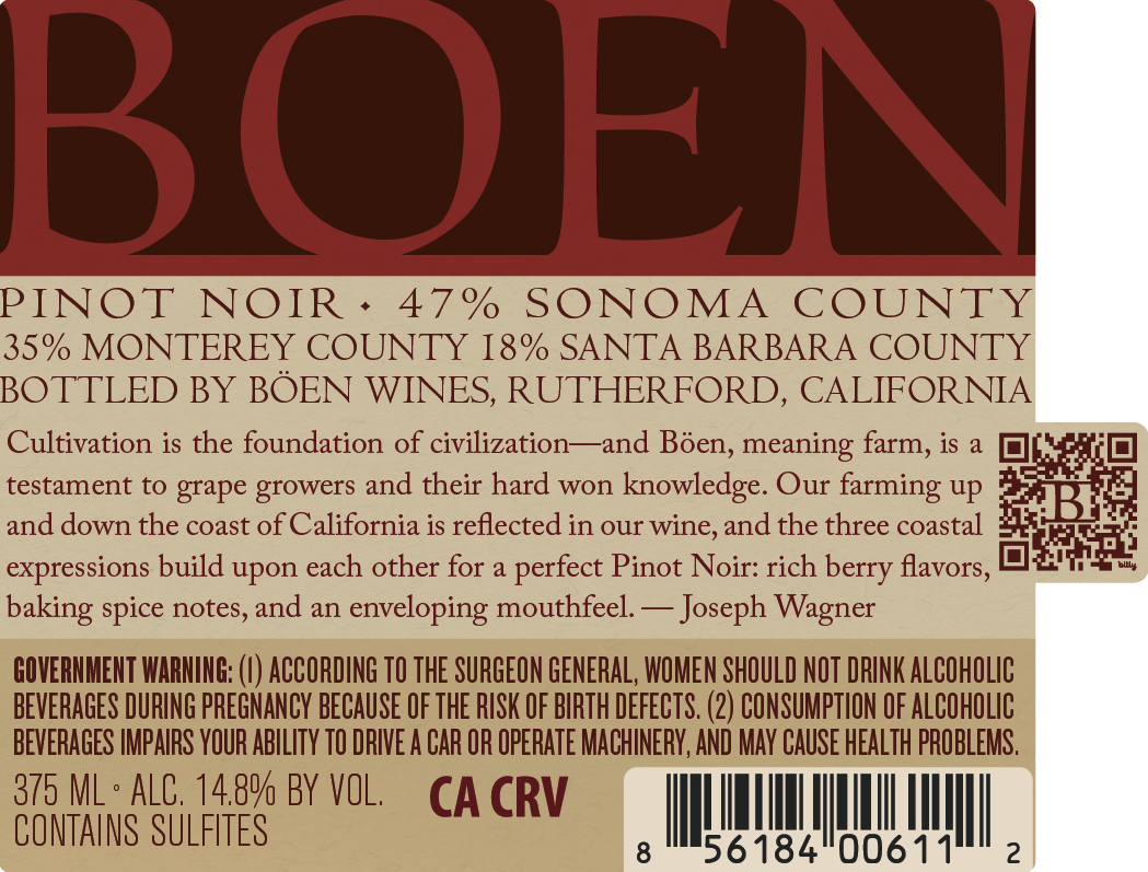 TABC label artwork for Boen Pinot Noir