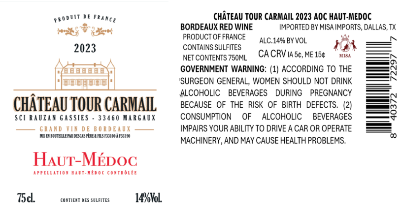 TABC label artwork for CHATEAU TOUR CARMAIL HAUT-MEDOC GRAND VIN DE BORDEAUX