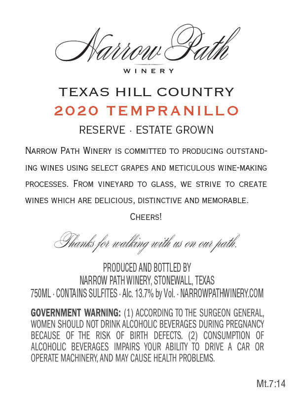 TABC label artwork for Narrow Path Tempranillo Reserve Texas Hill Country