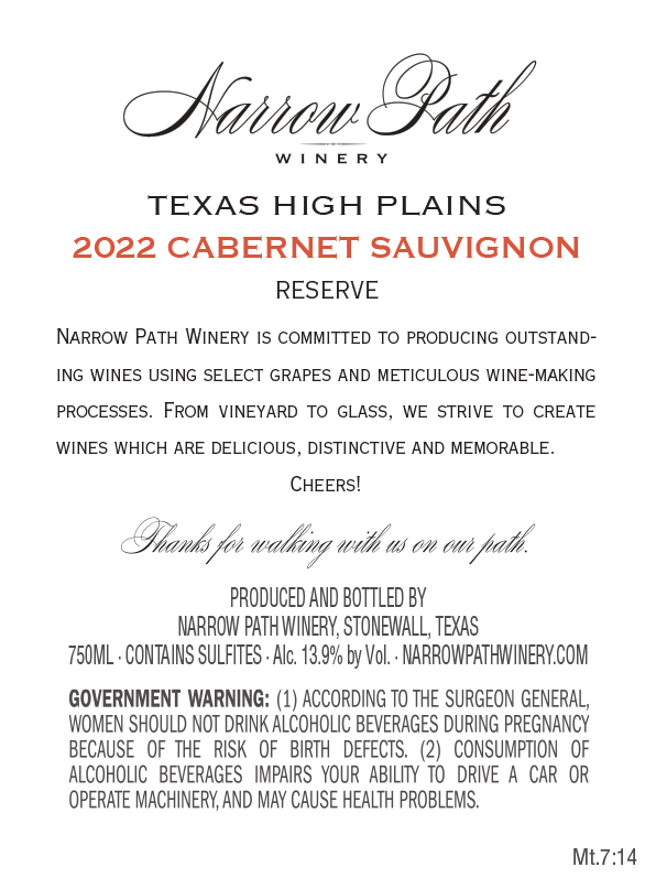 TABC label artwork for Narrow Path Reserve Cabernet Sauvignon Texas Hill Country