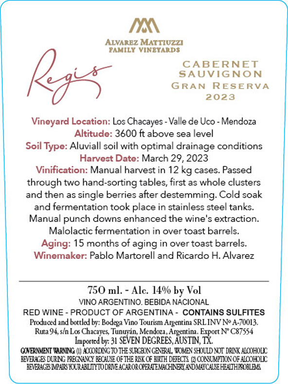 TABC label artwork for Regis Cabernet Sauvignon Gran Reserva