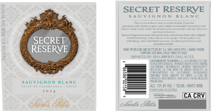 TABC label artwork for SECRET RESERVE SANTA RITA SAUVIGNON BLANC