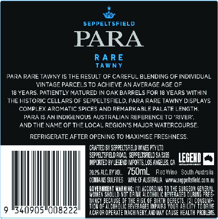 TABC label artwork for Seppeltsfield Para Rare Tawny South Australia