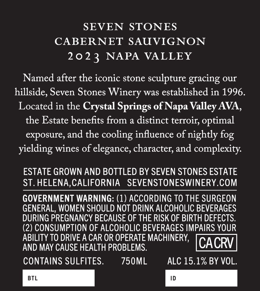 TABC label artwork for Seven Stones Crystal Springs of Napa Valley Cabernet Sauvignon 2023