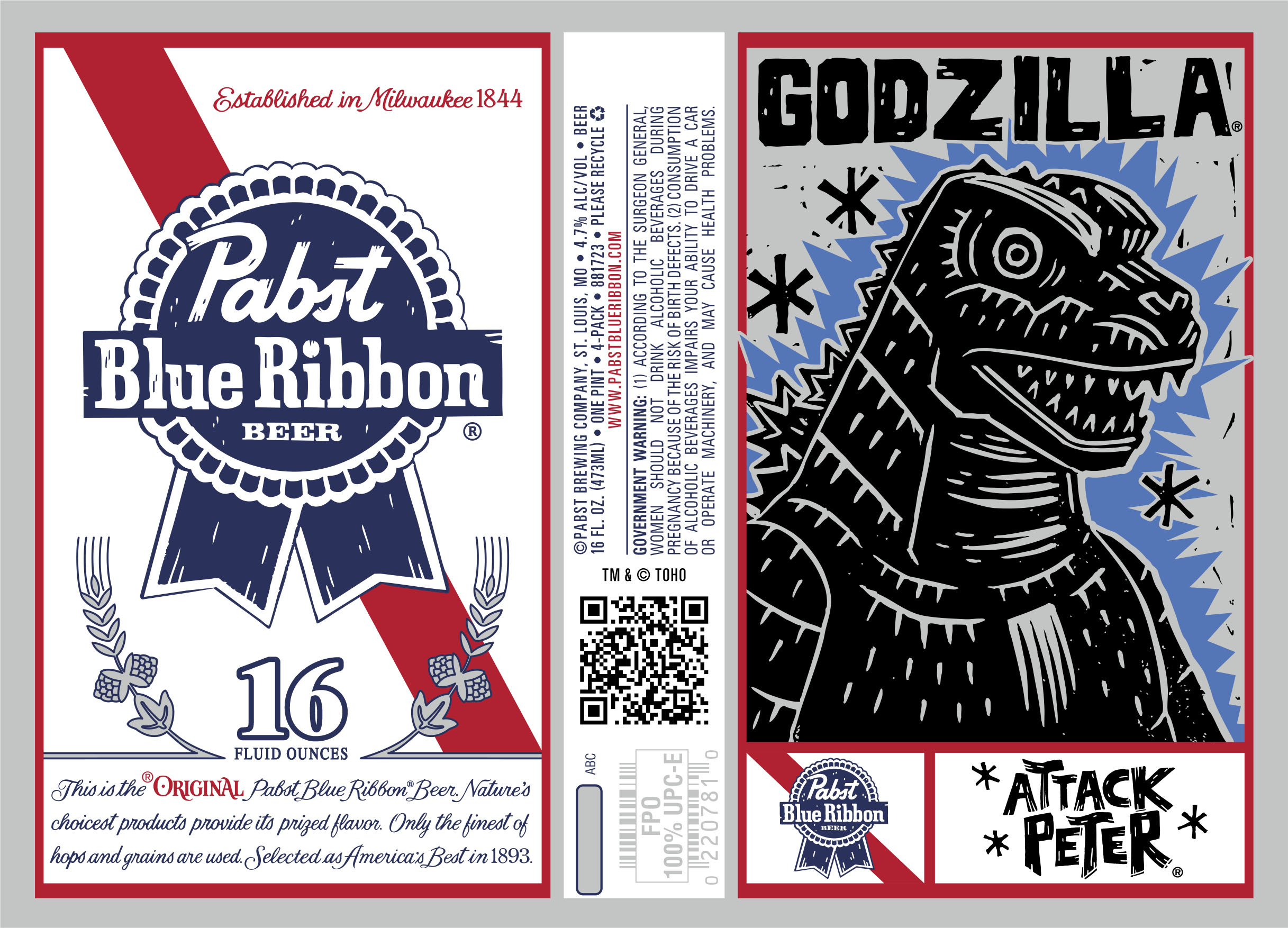 TABC label artwork for Pabst Blue Ribbon Godzilla