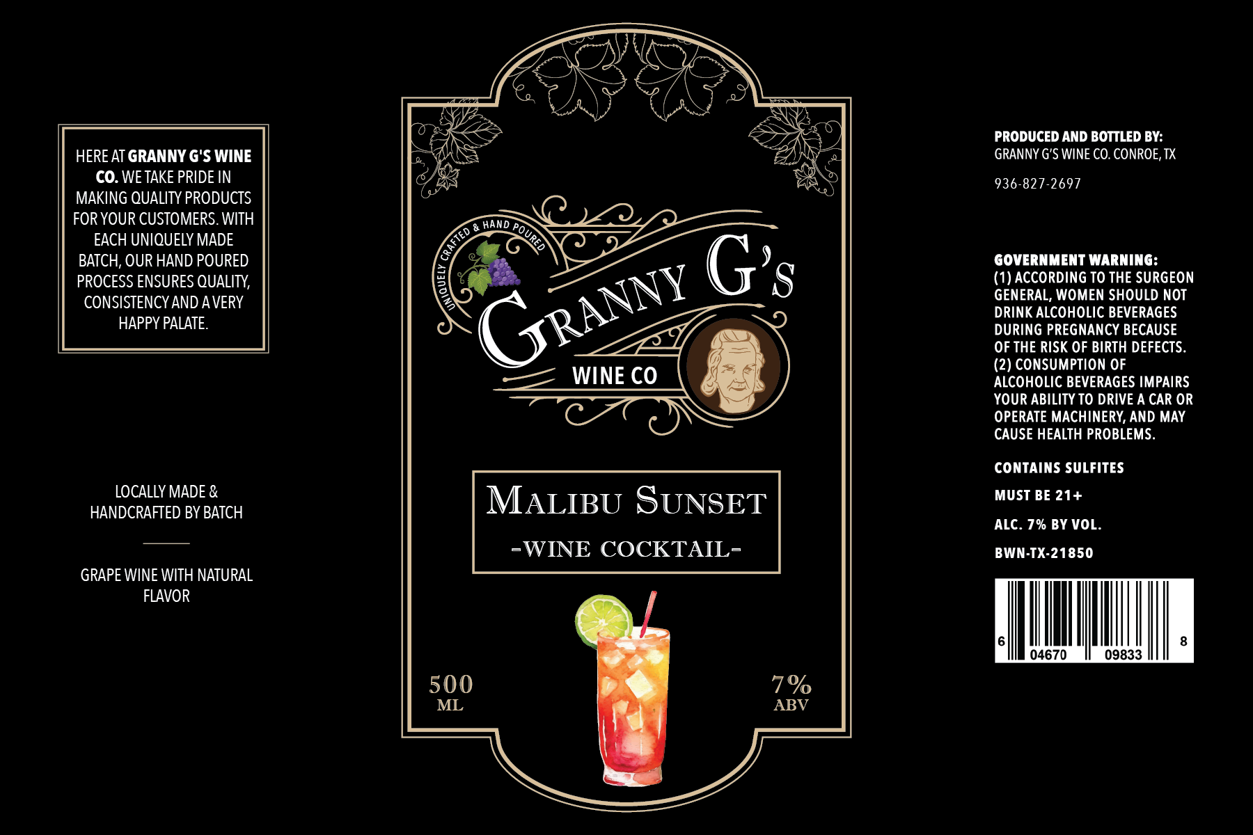 TABC label artwork for Granny G's Wine Co. Malibu Sunset