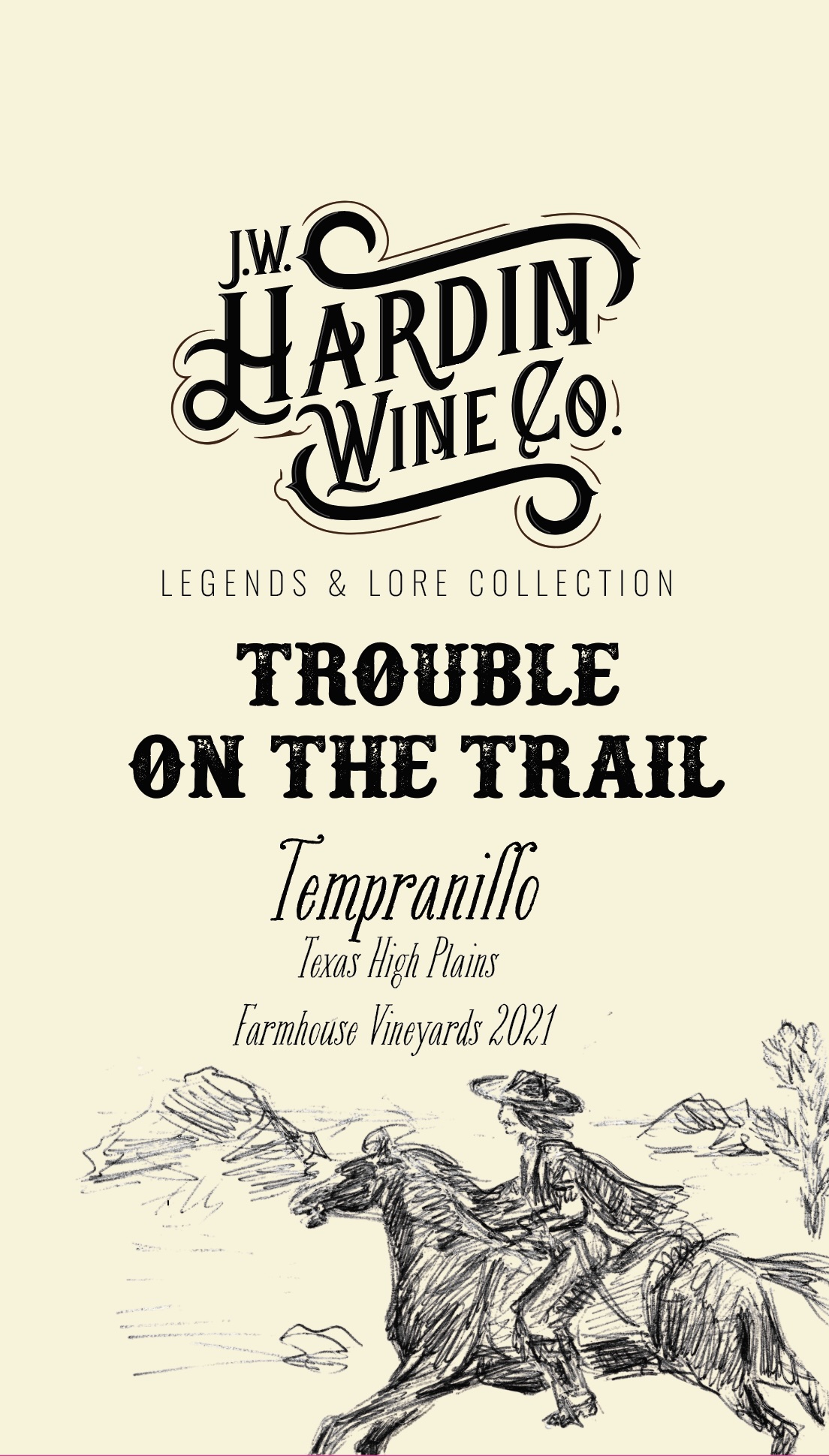 TABC label artwork for J.W. Hardin Wine Co Trouble on the Trail Tempranillo