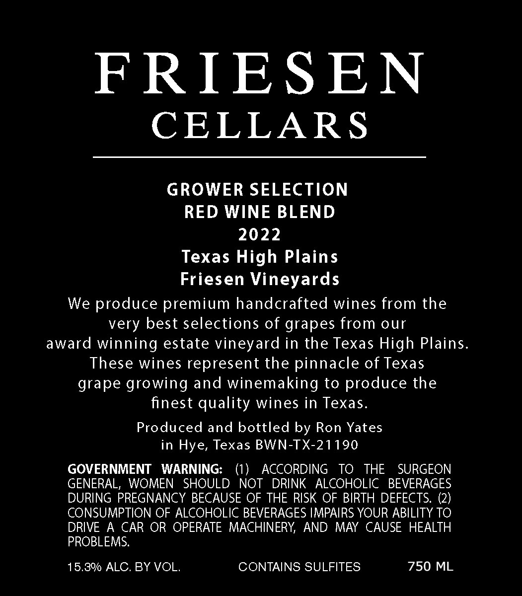 TABC label artwork for FRIESEN CELLARS GROWER SELECTION RED WINE BLEND