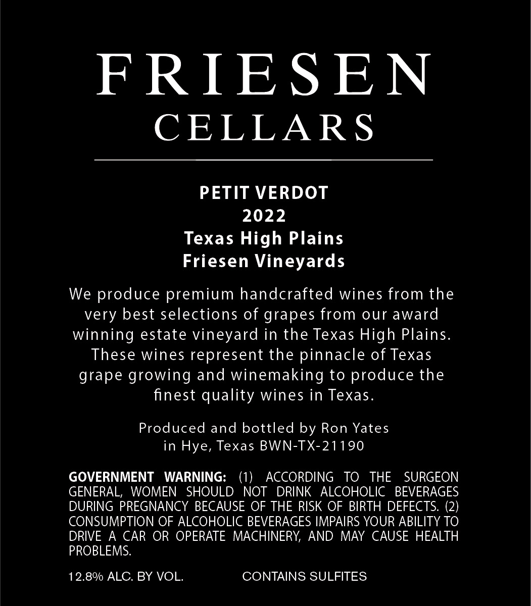 TABC label artwork for Friesen Cellars Petit Verdot