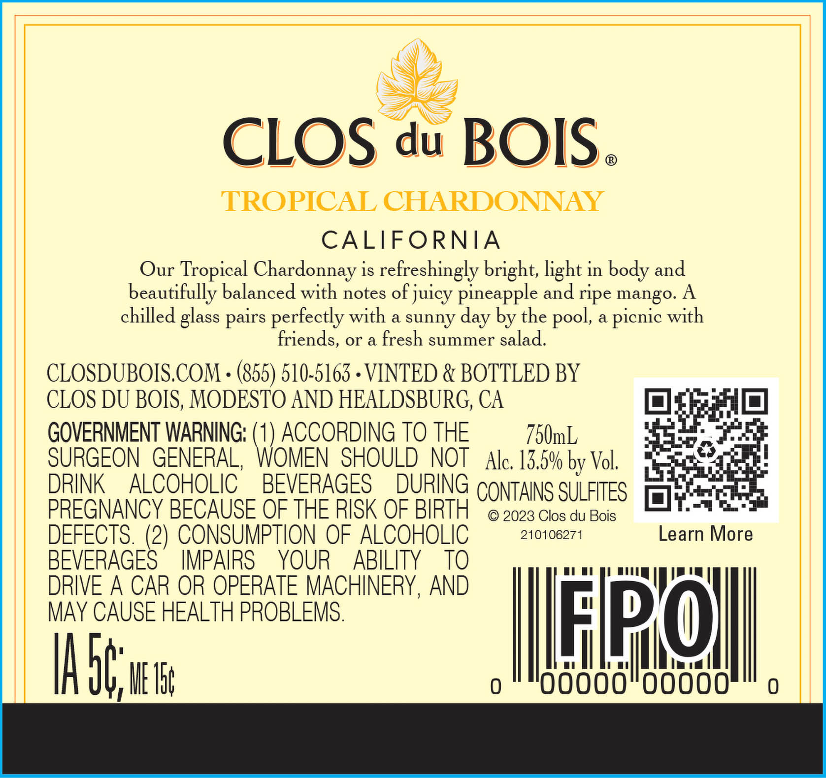 TABC label artwork for Clos Du Bois Chardonnay Tropical California
