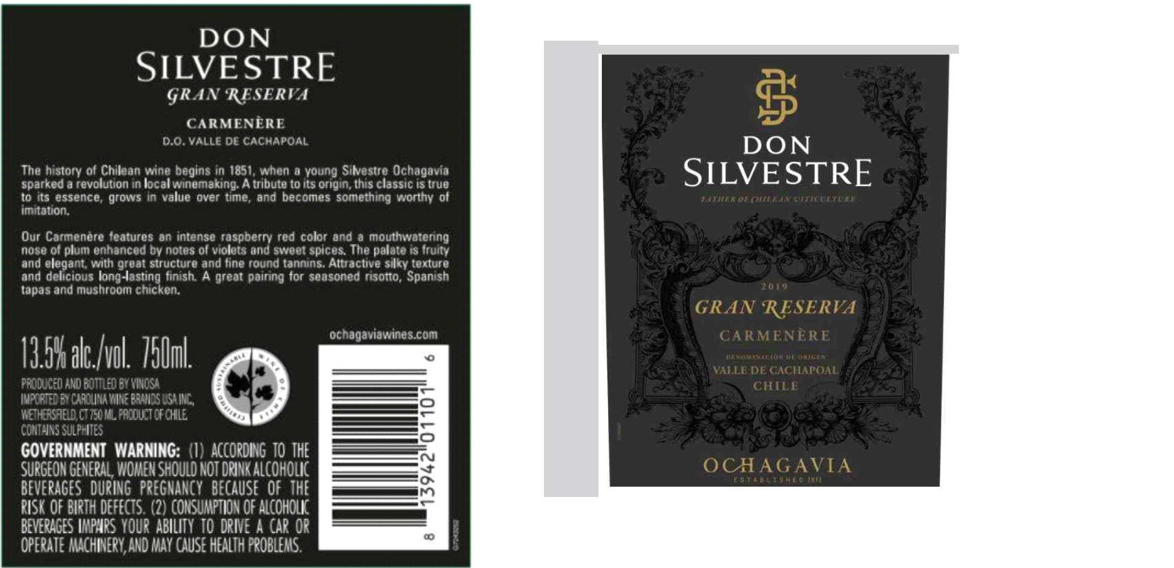 TABC label artwork for Don Silvestre Gran Reserva Carmenere Valle de Cachapoal