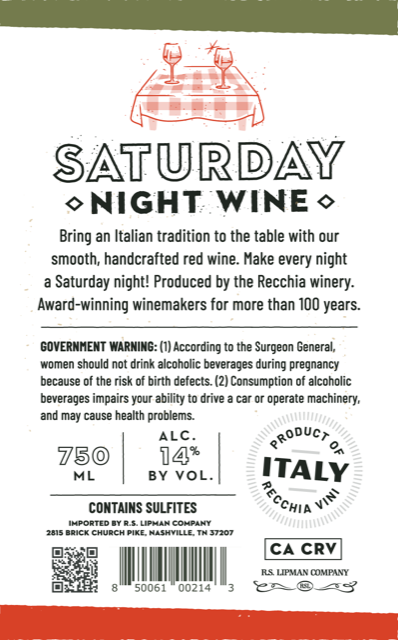 TABC label artwork for SATURDAY NIGHT WINE ITALIAN RED WINE