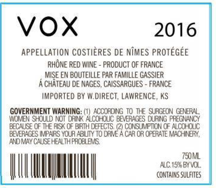 TABC label artwork for Chateau de Nages VOX Rouge