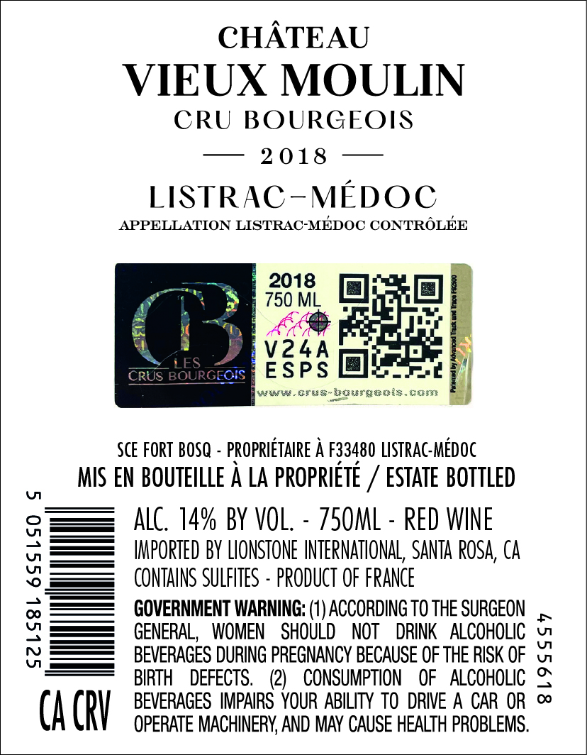 TABC label artwork for Chateau Vieux Moulin Cru Bourgeois Listrac-Medoc Red Wine, France