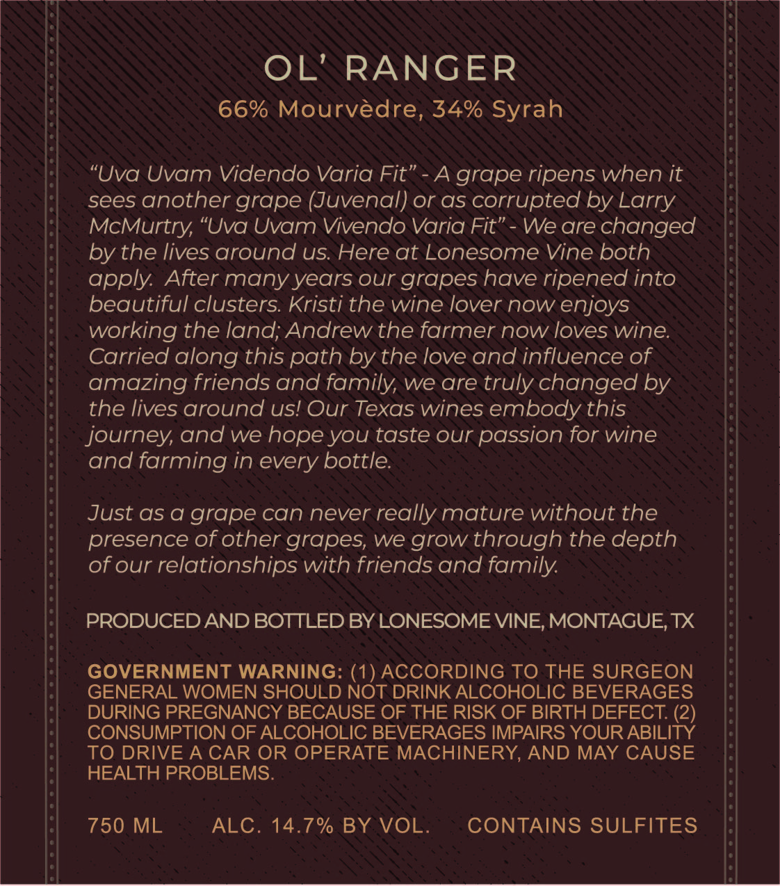TABC label artwork for Lonesome Vine Ol Ranger
