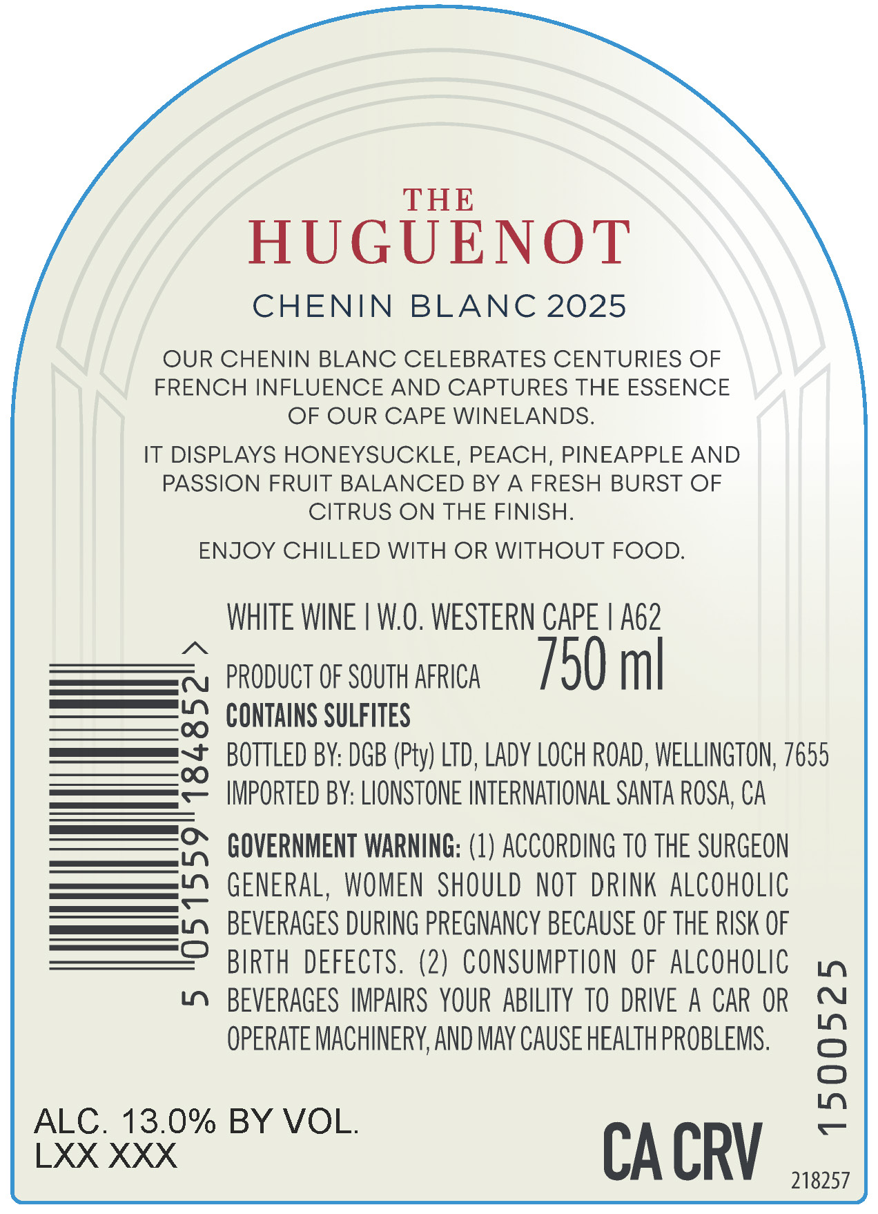 TABC label artwork for The Huguenot Western Cape Chenin Blanc, South Africa