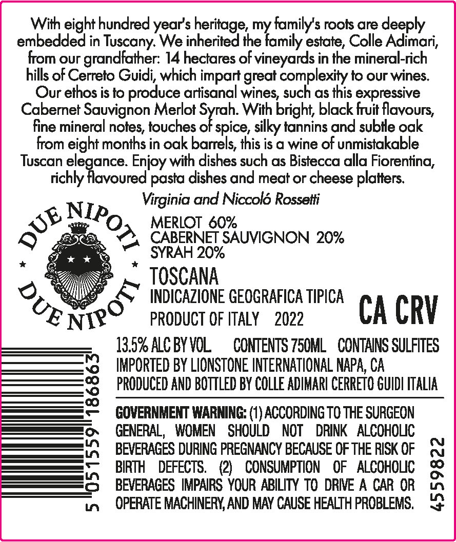 TABC label artwork for Due Nipoti Toscana Merlot, Cabernet Sauvignon, Syrah, Italy