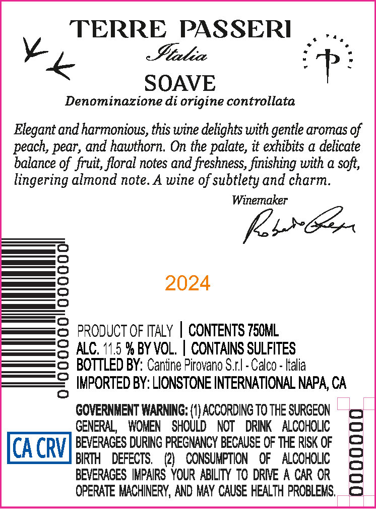 TABC label artwork for Terre Passeri Soave White Wine, Italy