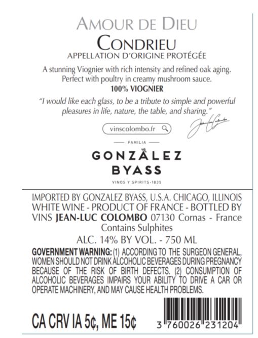 TABC label artwork for JEAN-LUC COLOMBO AMOUR DE DIEU VIOGNIER CONDRIEU