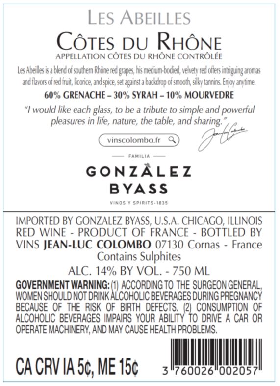 TABC label artwork for JEAN-LUC COLOMBO LES ABEILLES RED WINE COTES DU RHONE