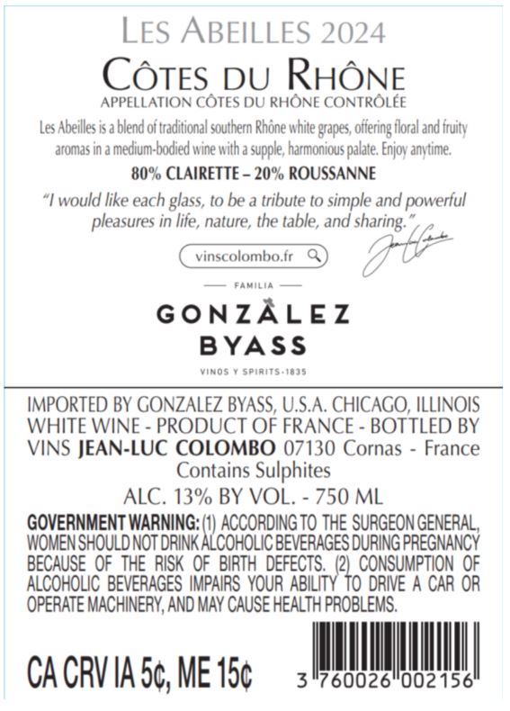 TABC label artwork for JEAN-LUC COLOMBO LES ABEILLES WHITE WINE COTES DU RHONE