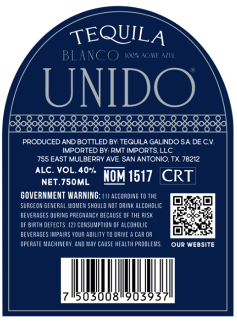 TABC label artwork for Tequila Blanco Unido