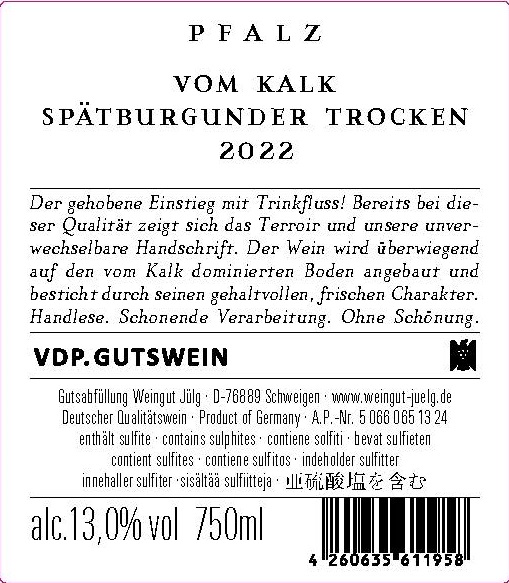 TABC label artwork for Julg Vom Kalk Spatburgunder Pflaz