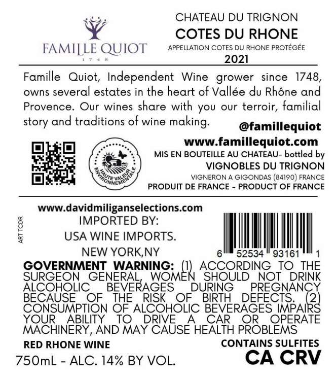 TABC label artwork for Chateau du Trignon Cotes du Rhone