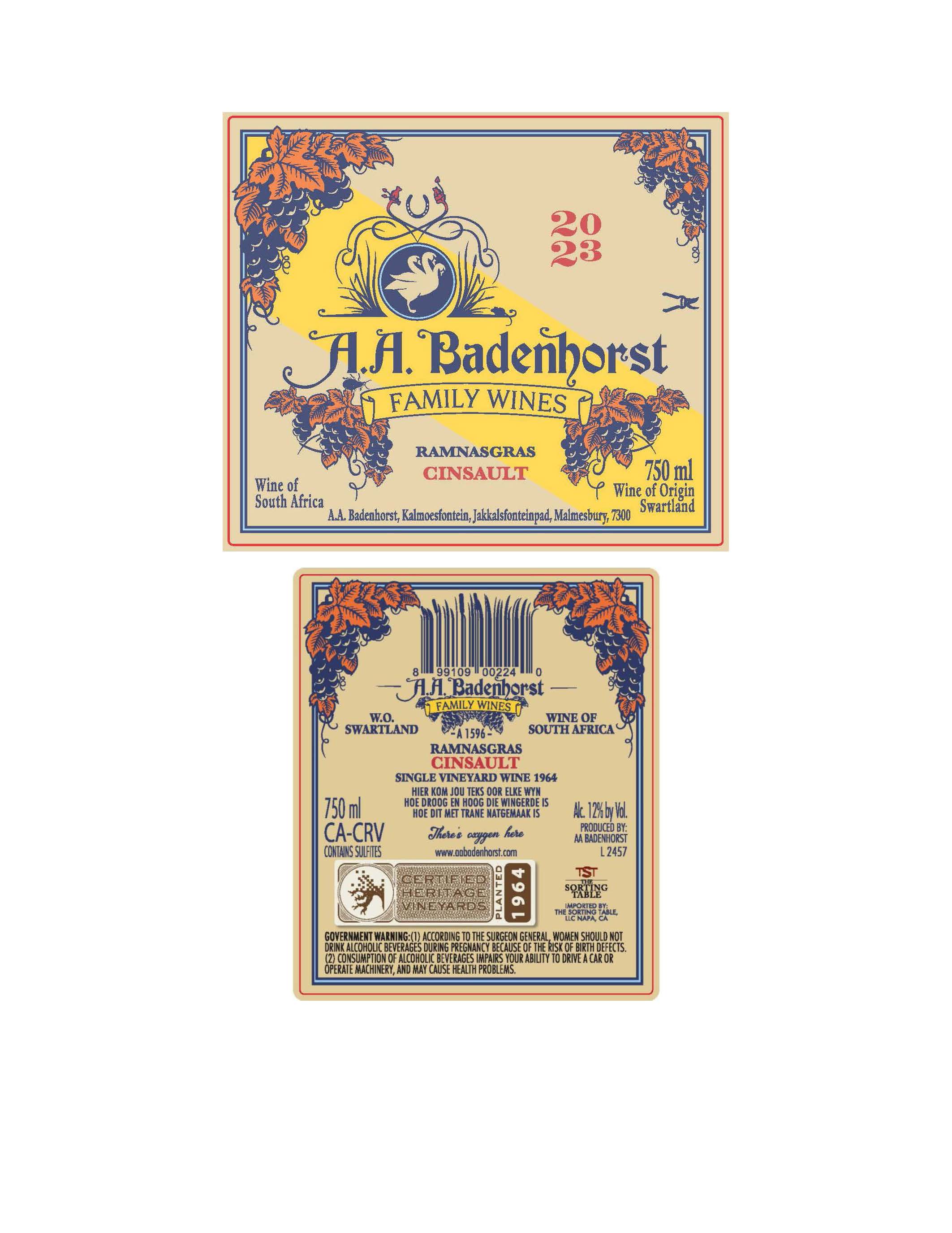 TABC label artwork for A.A. Badenhorst Ramnasgras Cinsault