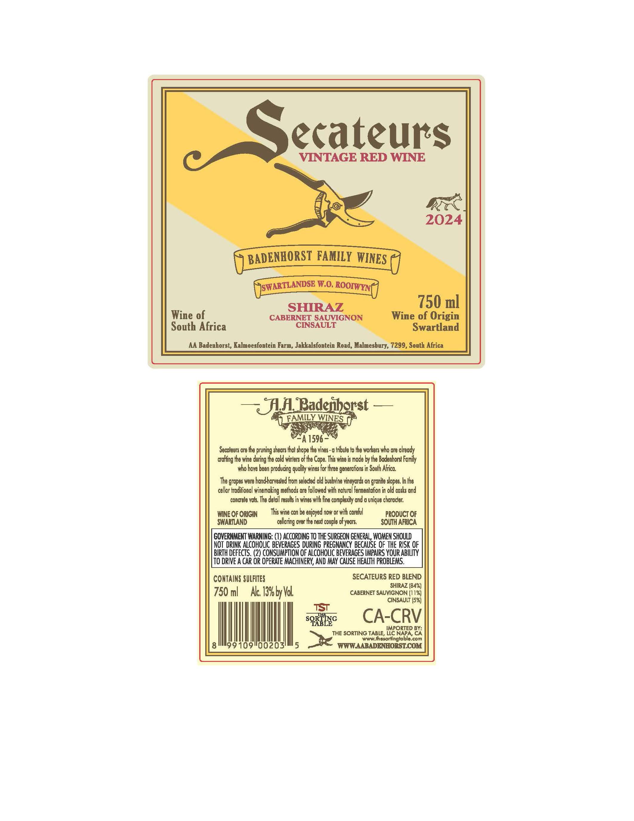 TABC label artwork for A.A. Badenhorst Secateurs Red Blend