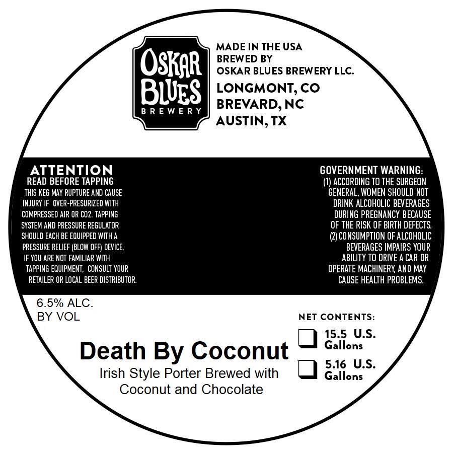 TABC label artwork for Death By Coconut (keg)
