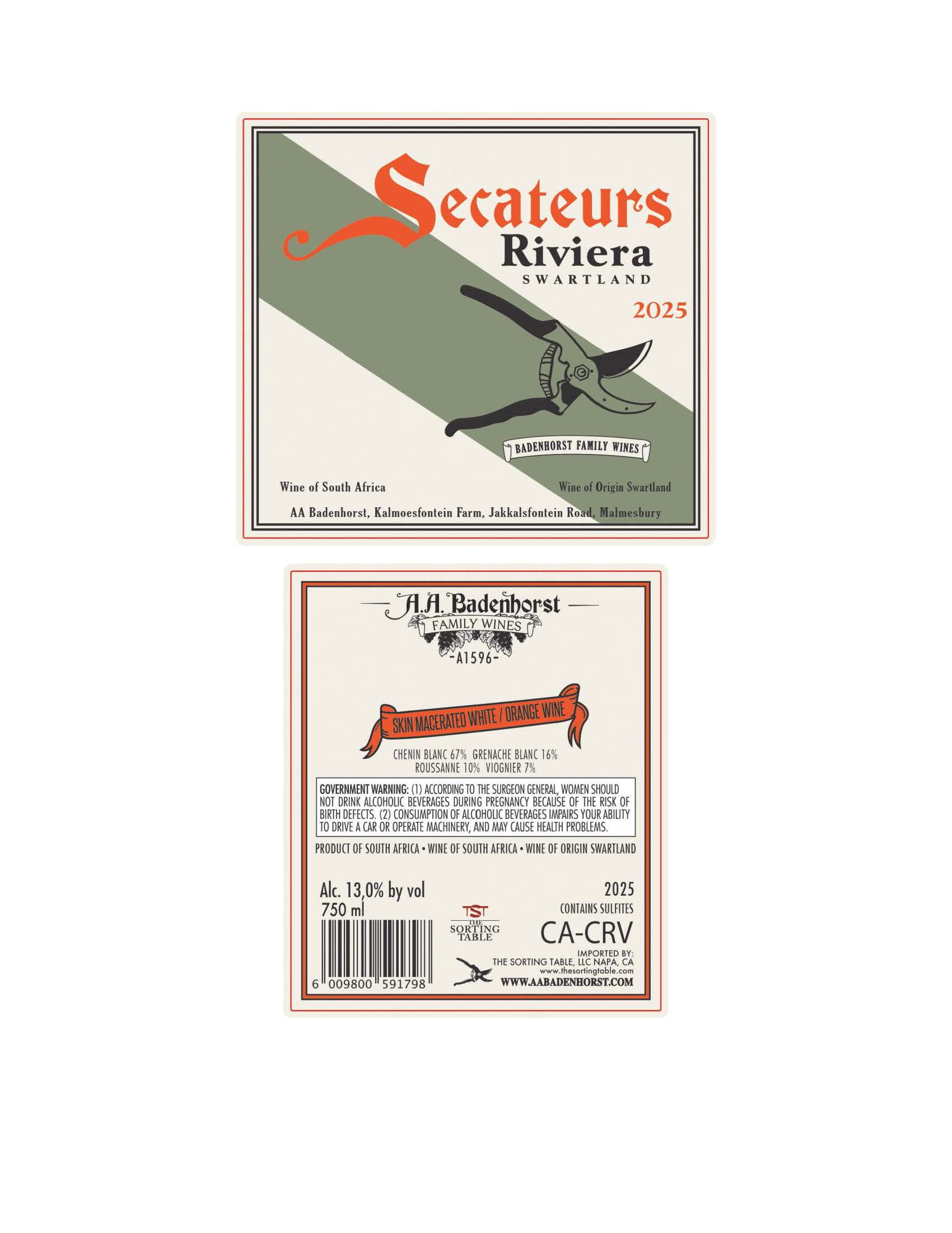 TABC label artwork for A.A. Badenhorst Secateurs Riviera