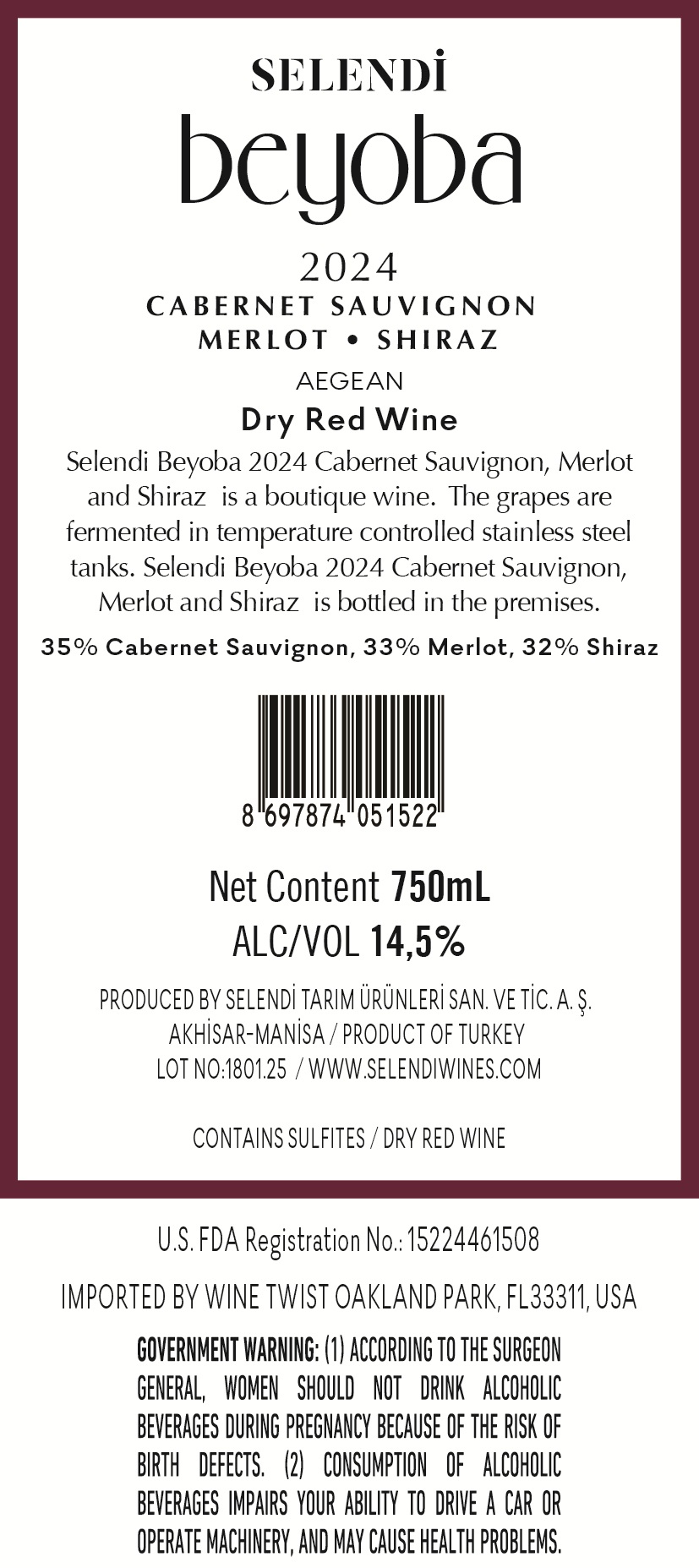 TABC label artwork for Selendi Beyoba 2024 Dry Red Wine Blend