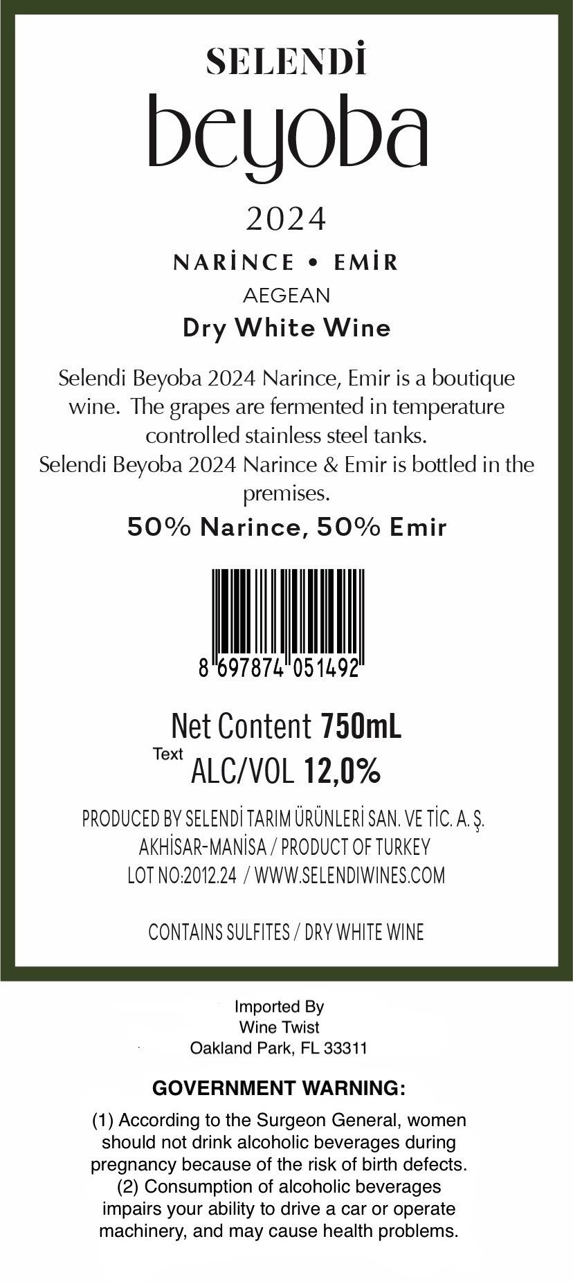 TABC label artwork for Selendi Beyoba 2024 Dry White Wine