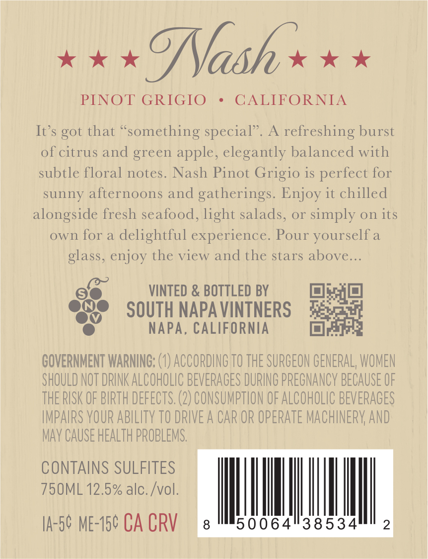 TABC label artwork for Nash Pinot Grigio California