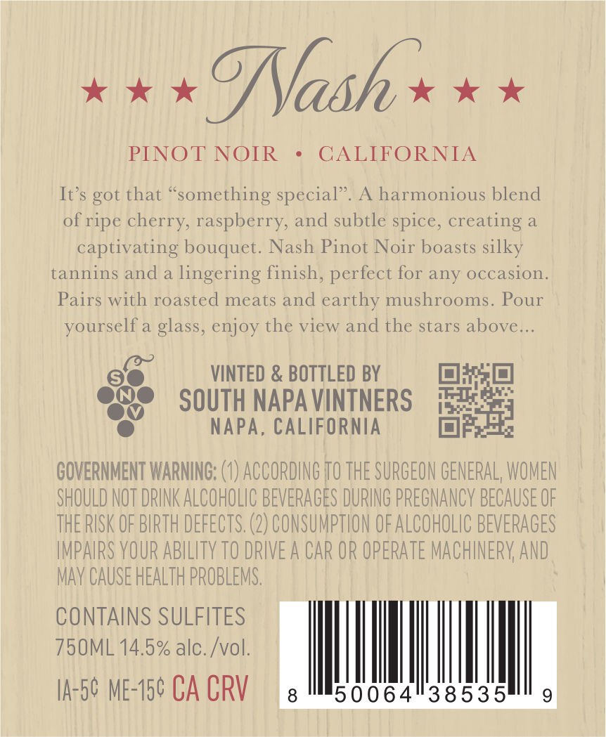 TABC label artwork for Nash Pinot Noir California