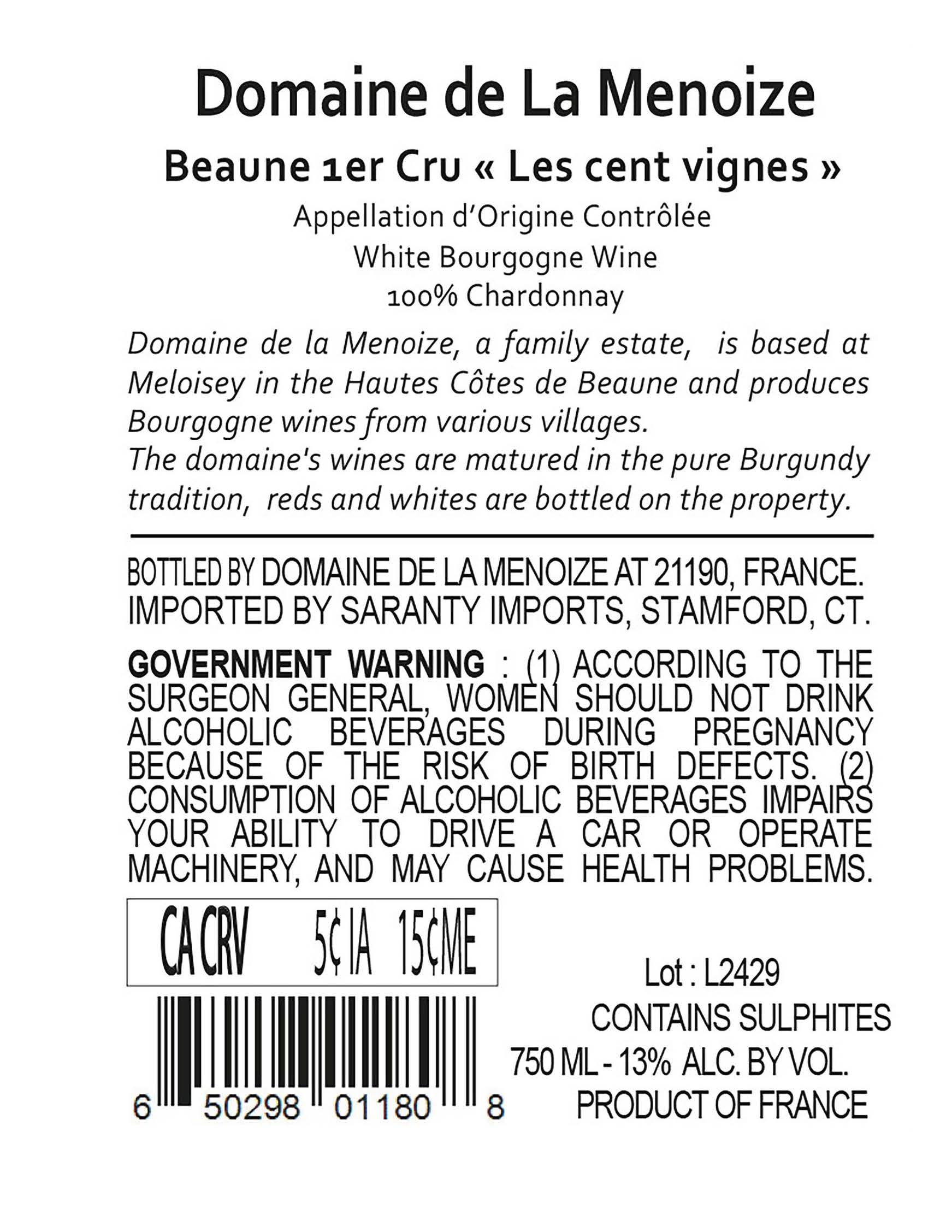 TABC label artwork for Domaine de la Menoize Beaune 1er Blanc