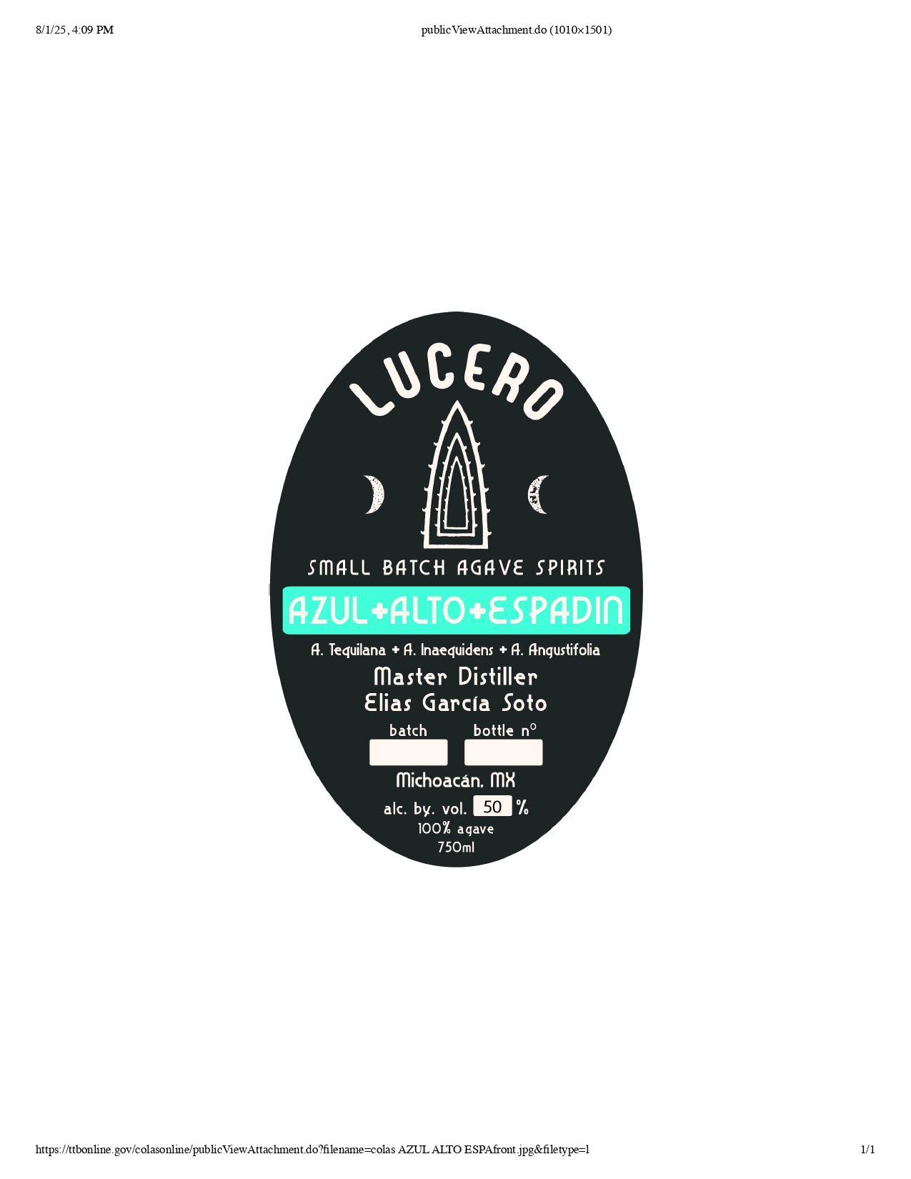 TABC label artwork for LUCERO - Alto+Azul+Espadin