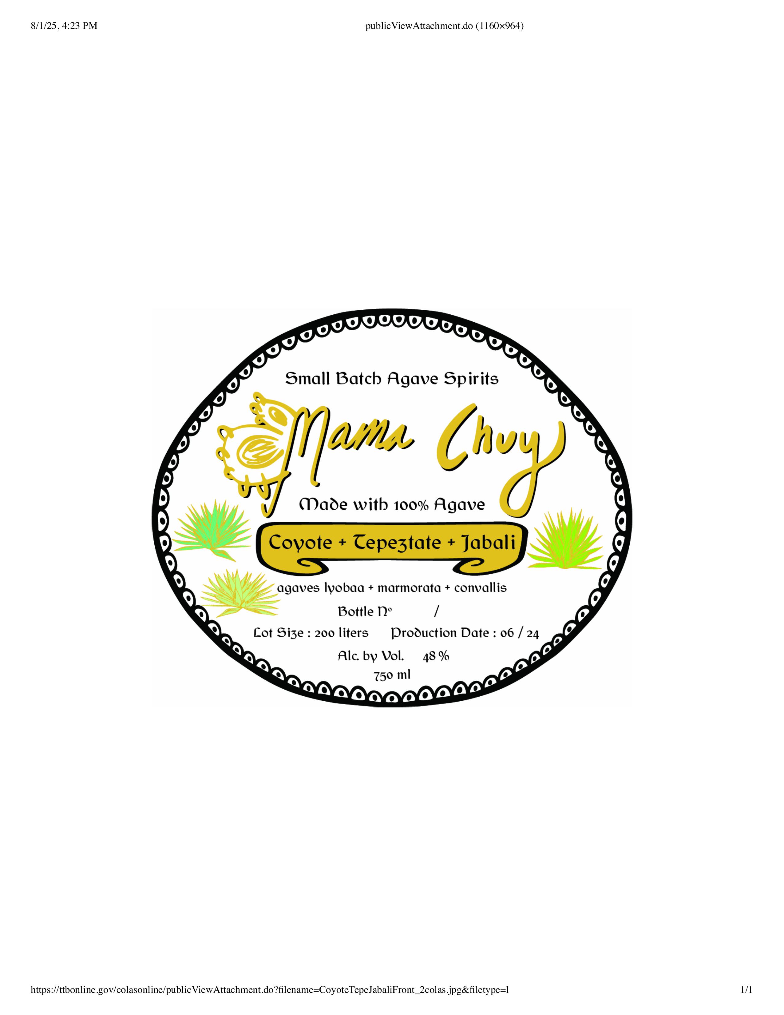 TABC label artwork for MAMA CHUY - Coyote+Tepeztate+Jabali