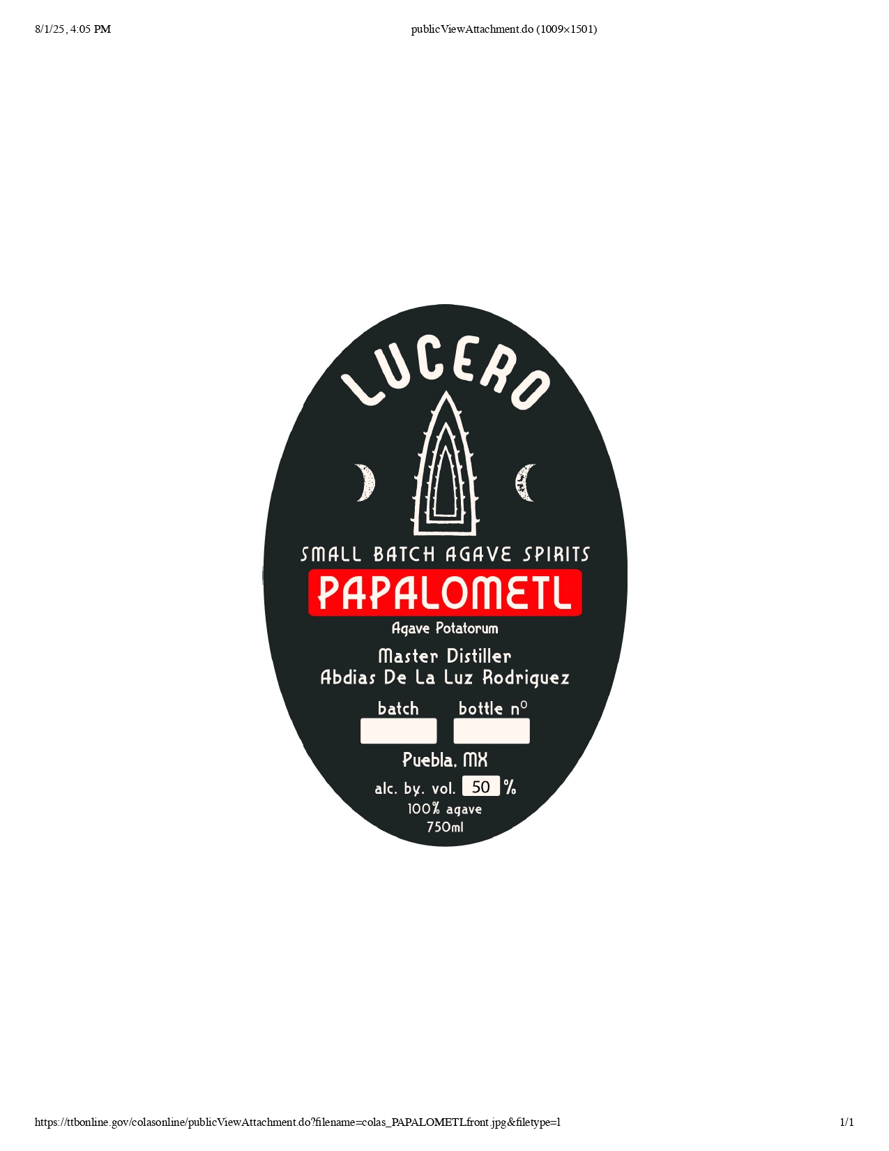 TABC label artwork for LUCERO - Papalometl