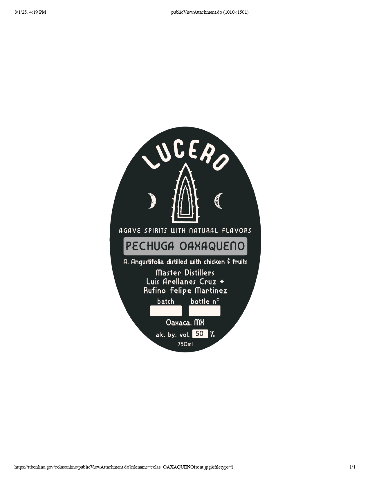 TABC label artwork for LUCERO - Pechuga Oaxaqueno Ancestral