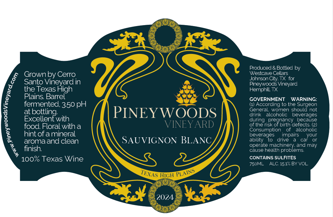 TABC label artwork for Pineywoods Vineyard Sauvignon Blanc Texas High Plains