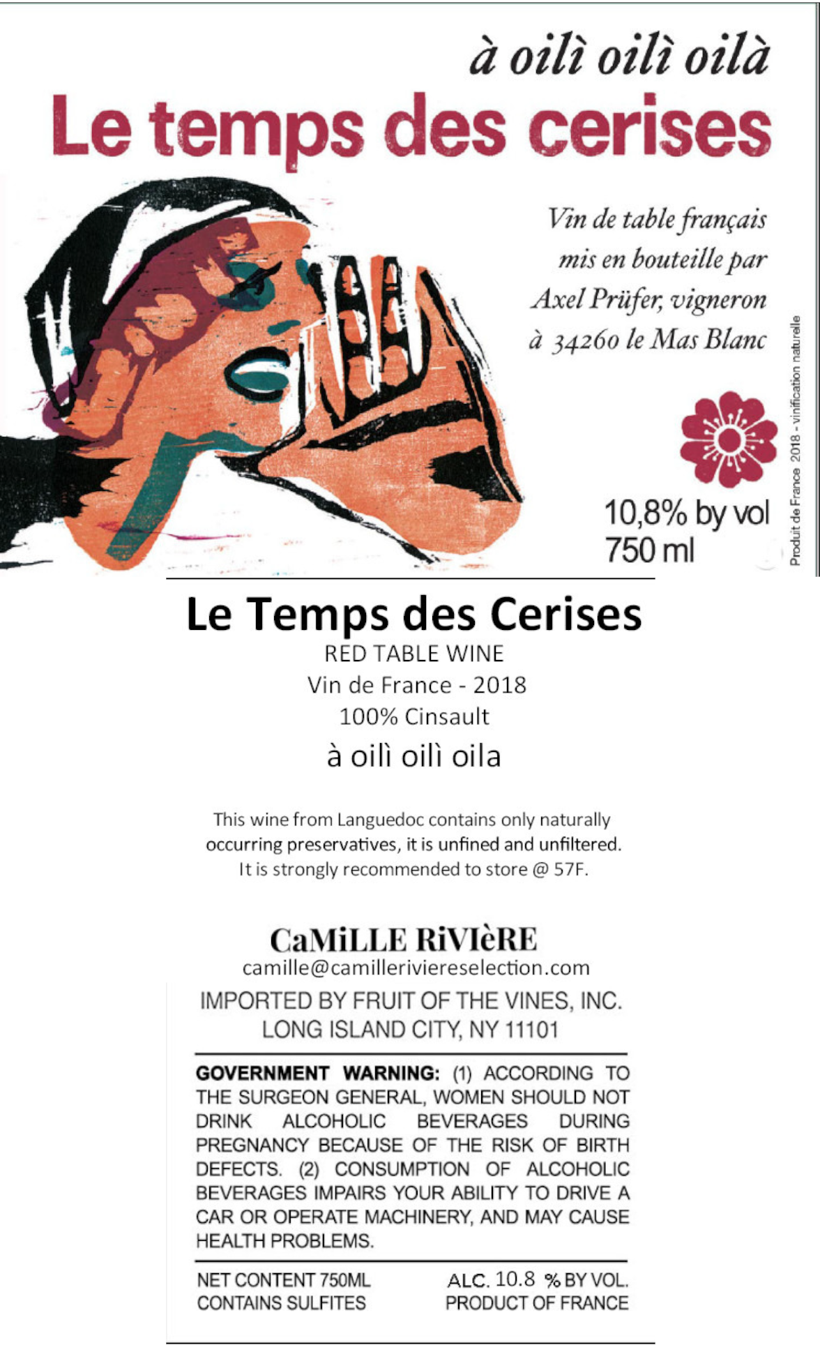 TABC label artwork for Le Temps des Cerises A Oili Oili Oila Cinsault Vin de France