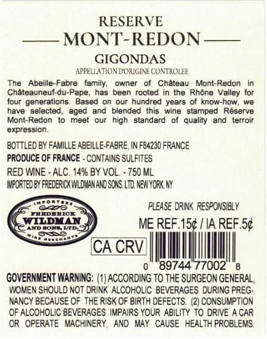 TABC label artwork for Reserve Mont-Redon Gigondas