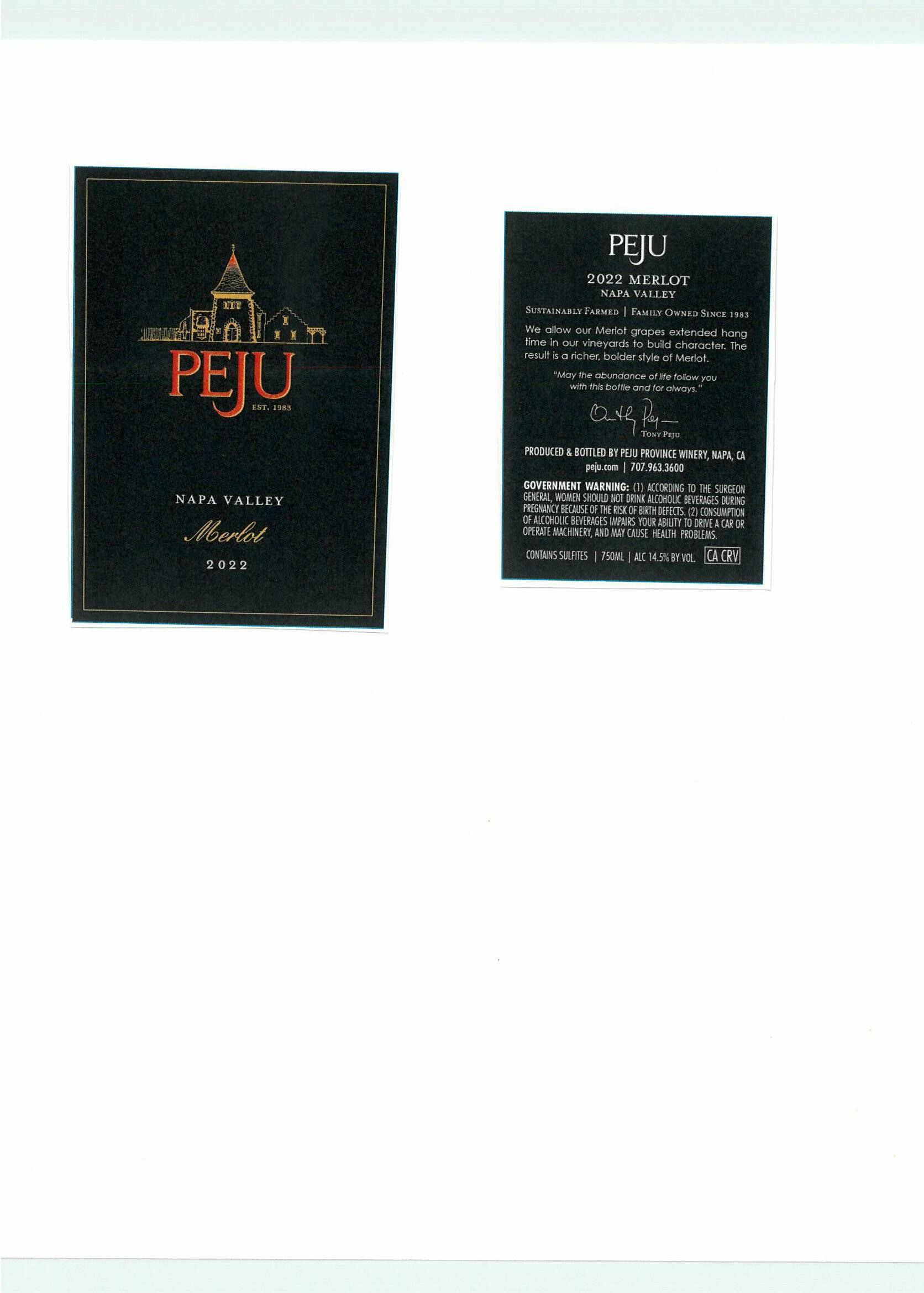 TABC label artwork for Peju Merlot Napa Valley