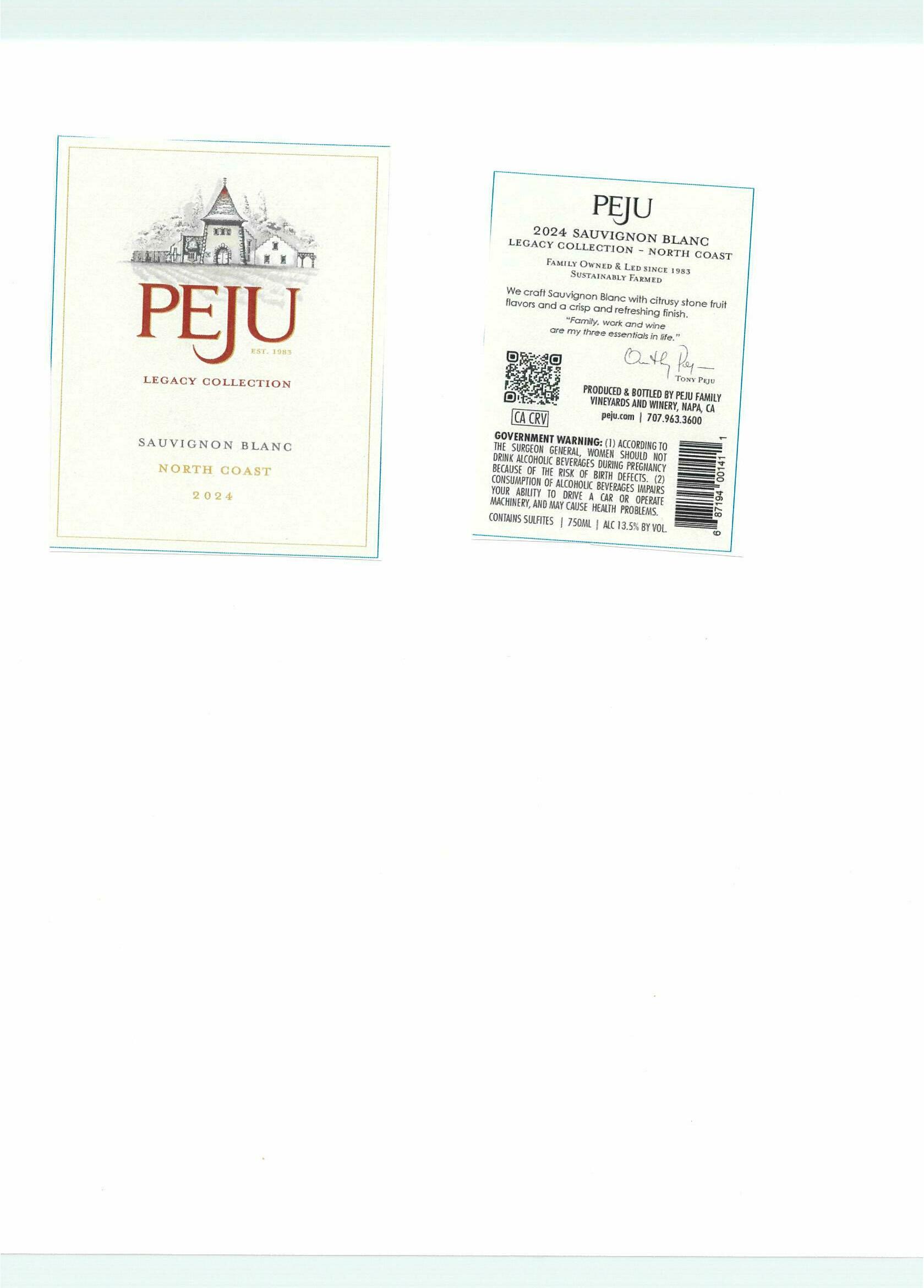 TABC label artwork for Peju Legacy Collection Sauvignon Blanc North Coast